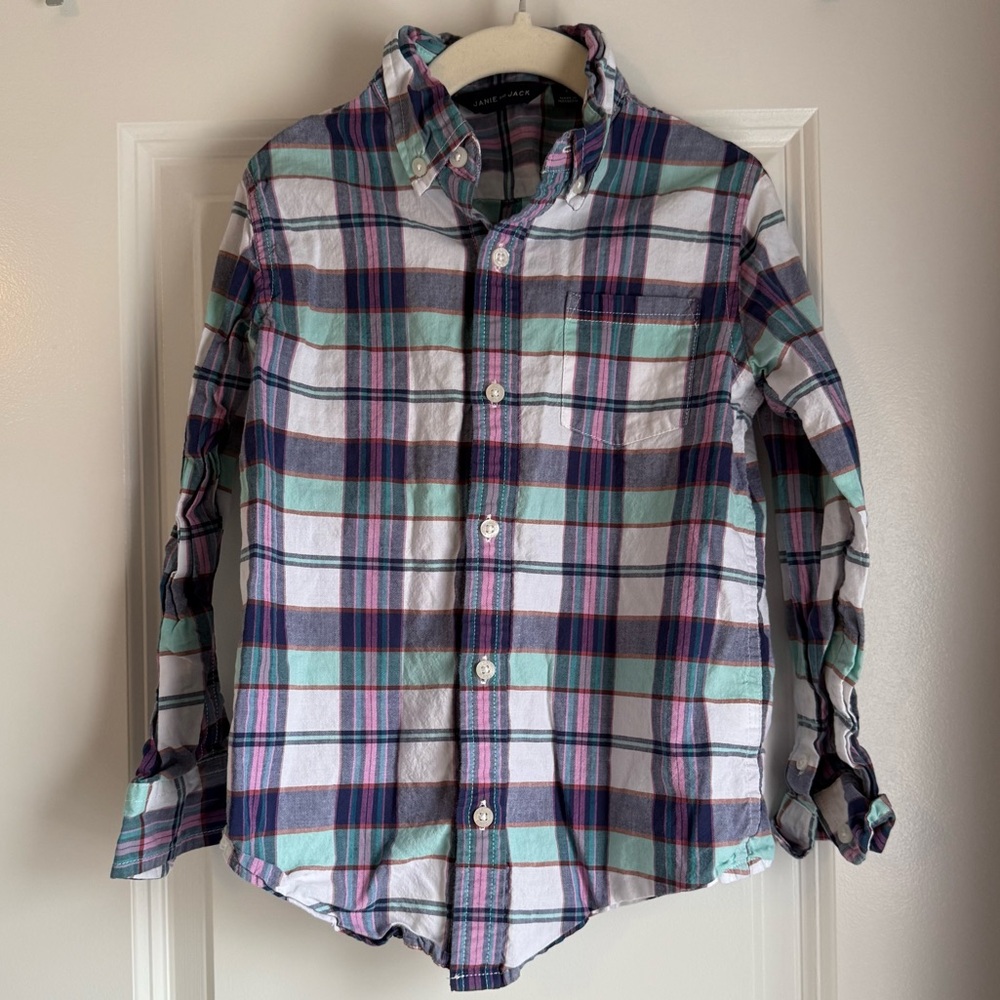 Janie and Jack Button down plaid poplin shirt 100% cotton size 6